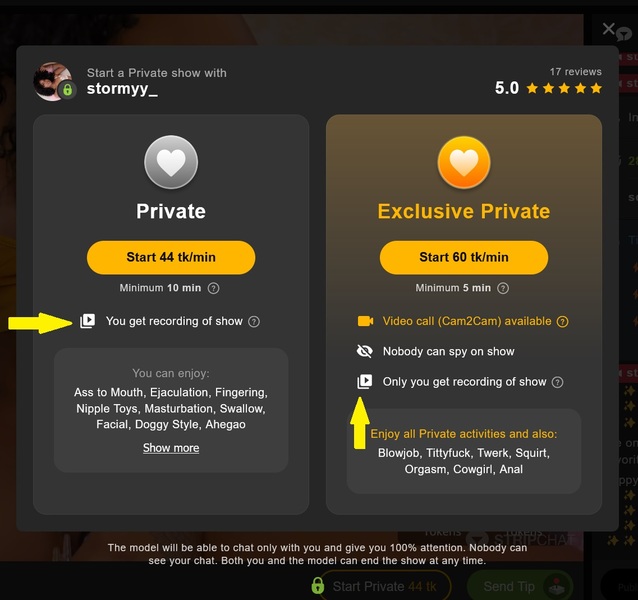 See which of the models allow private show recordings on Stripchat