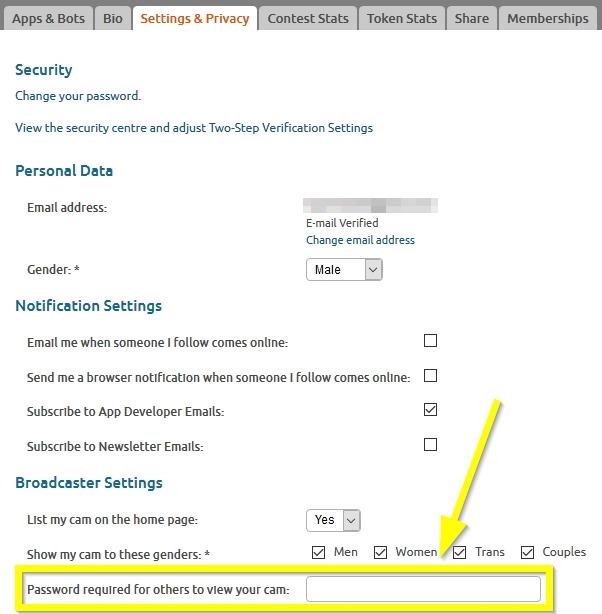 Settings & Privacy section on your Chaturbate broadcast page