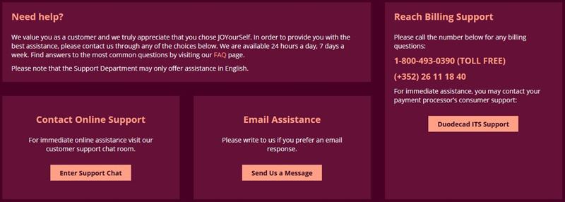 JOYourSelf's customer support page