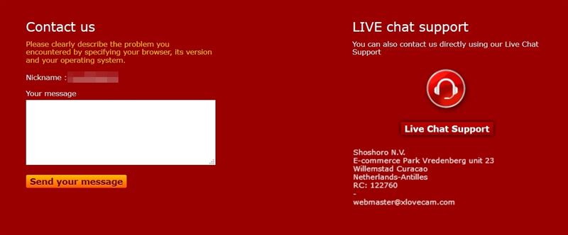 xLoveCam's customer support page